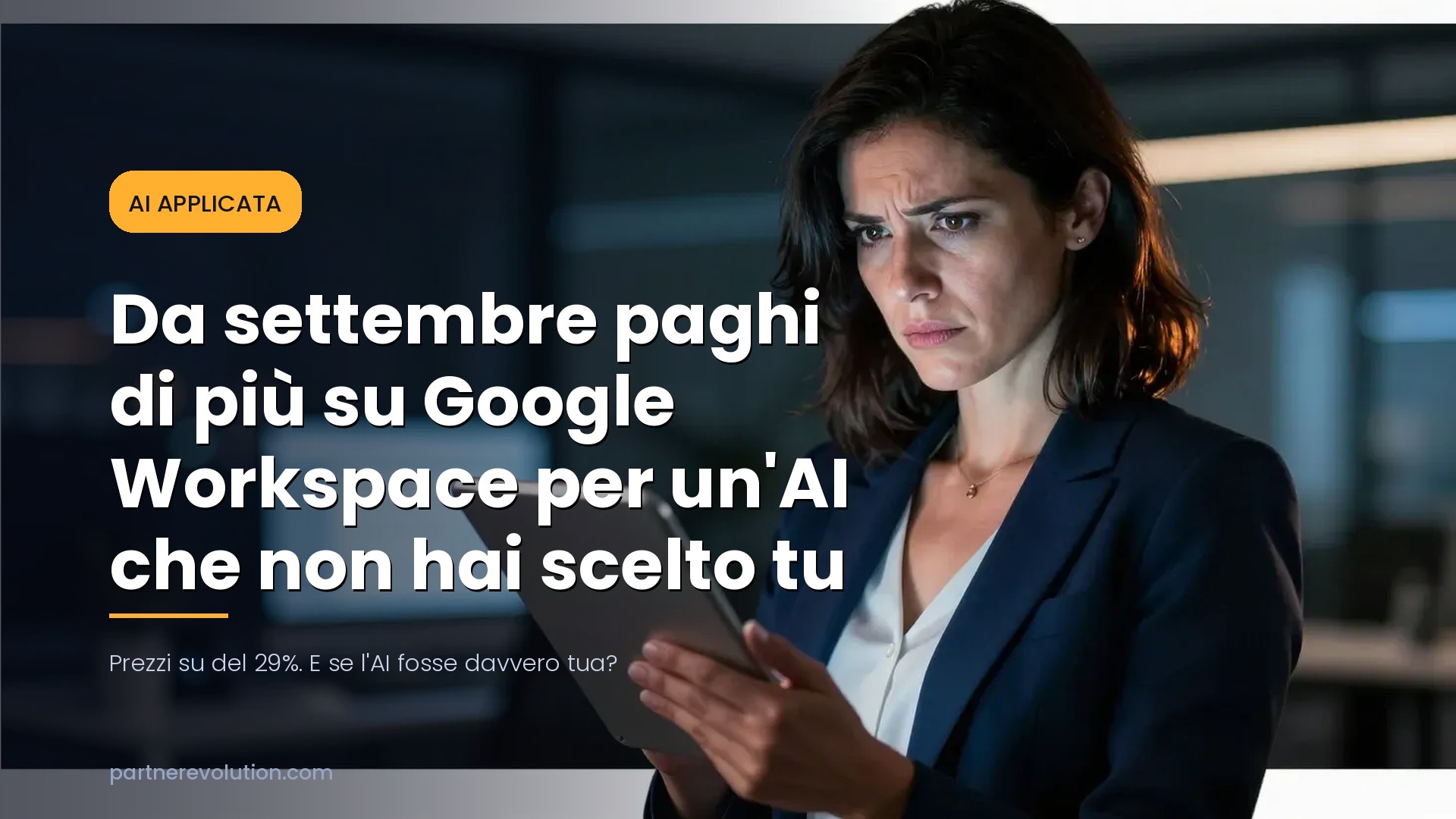 Professionista scettica con tablet - AI Google Workspace non scelta
