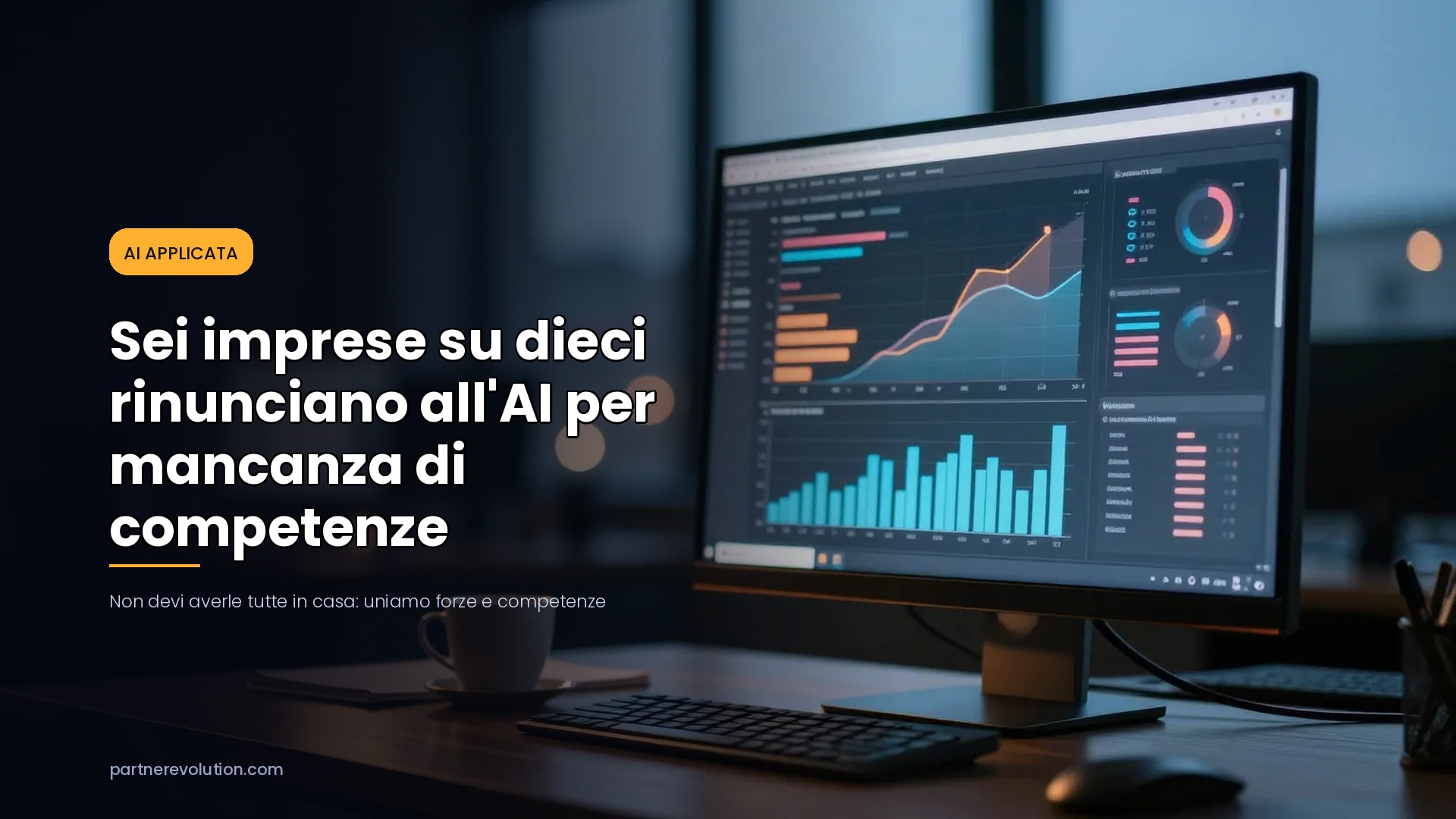 Monitor con grafici di analisi dati su una scrivania al crepuscolo – sei imprese su dieci rinunciano all'AI per mancanza di competenze
